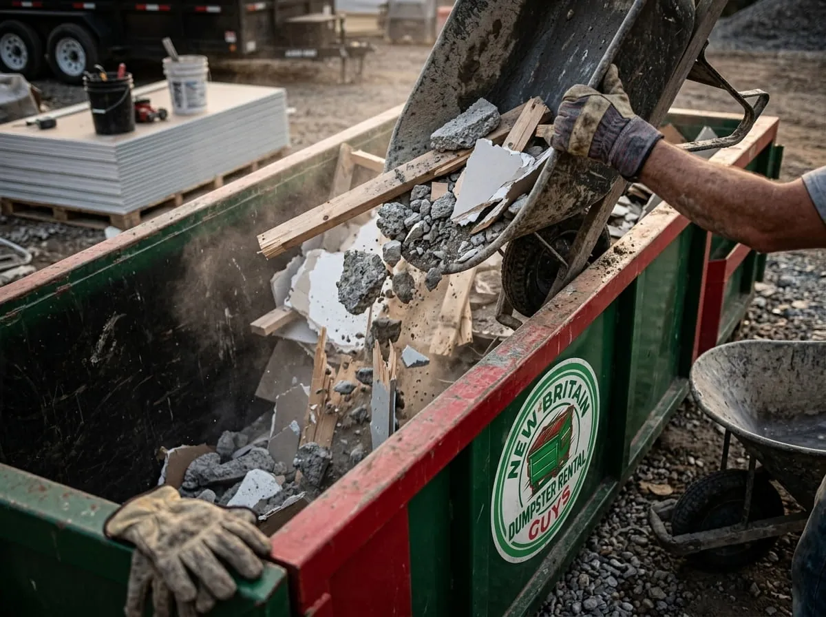 Masonry and rubble being loaded into a roll-off container in New Britain, Connecticut