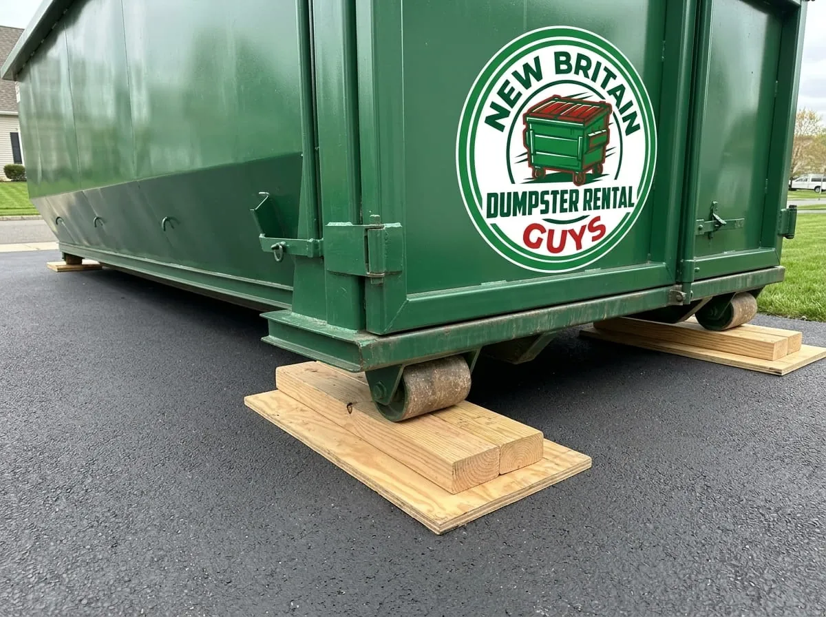 Close-up of a roll-off dumpster resting on timber protection boards on a driveway