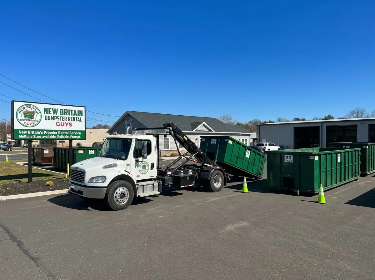 New Britain Dumpster Rental Guys truck and containers at the yard