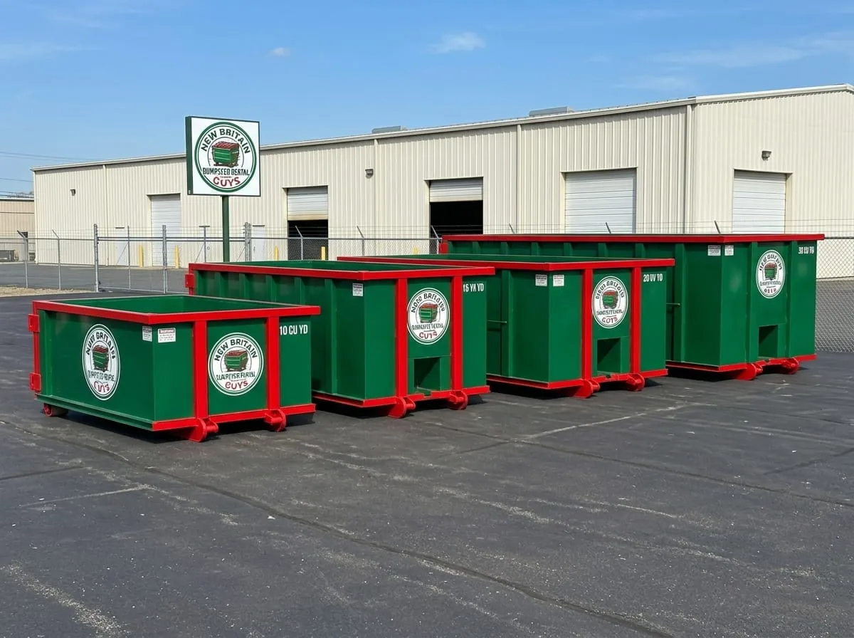 New Britain Dumpster Rental Guys roll-off truck fleet parked at the New Britain yard