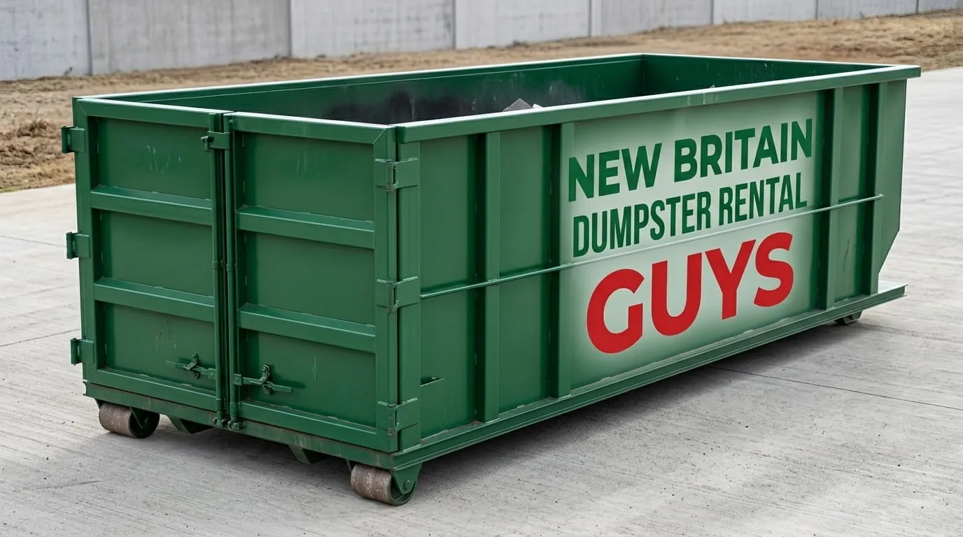 Green roll-off container showing size and dimensions in New Britain, Connecticut