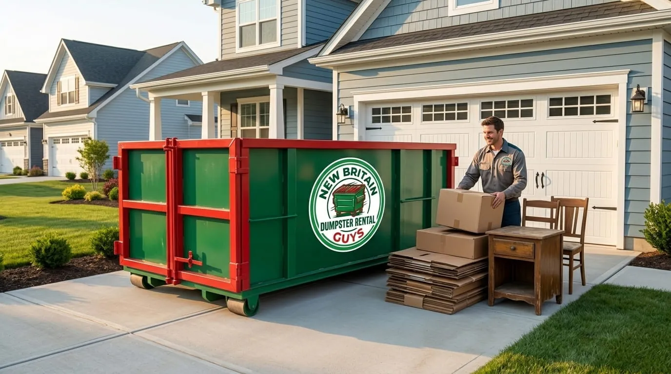 Roll-off container with furniture alongside during a cleanout in New Britain, Connecticut