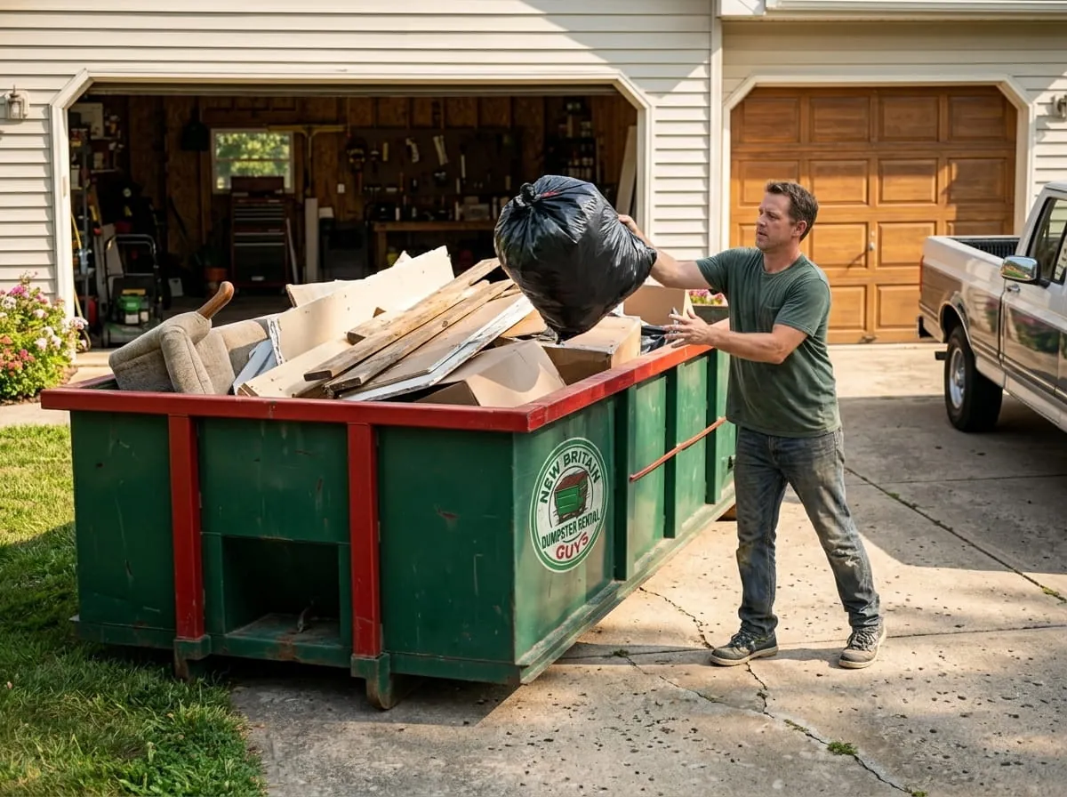 Homeowner loading a bag of household junk into a roll-off dumpster in New Britain, Connecticut