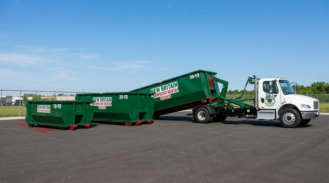 New Britain Dumpster Rental Guys roll-off container and truck working a job in Hartford County