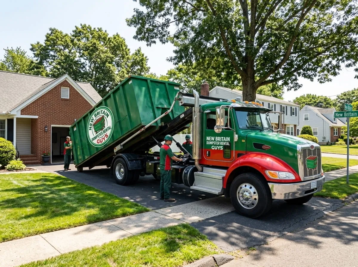 Roll-off truck setting a container down on a driveway in New Britain, Connecticut